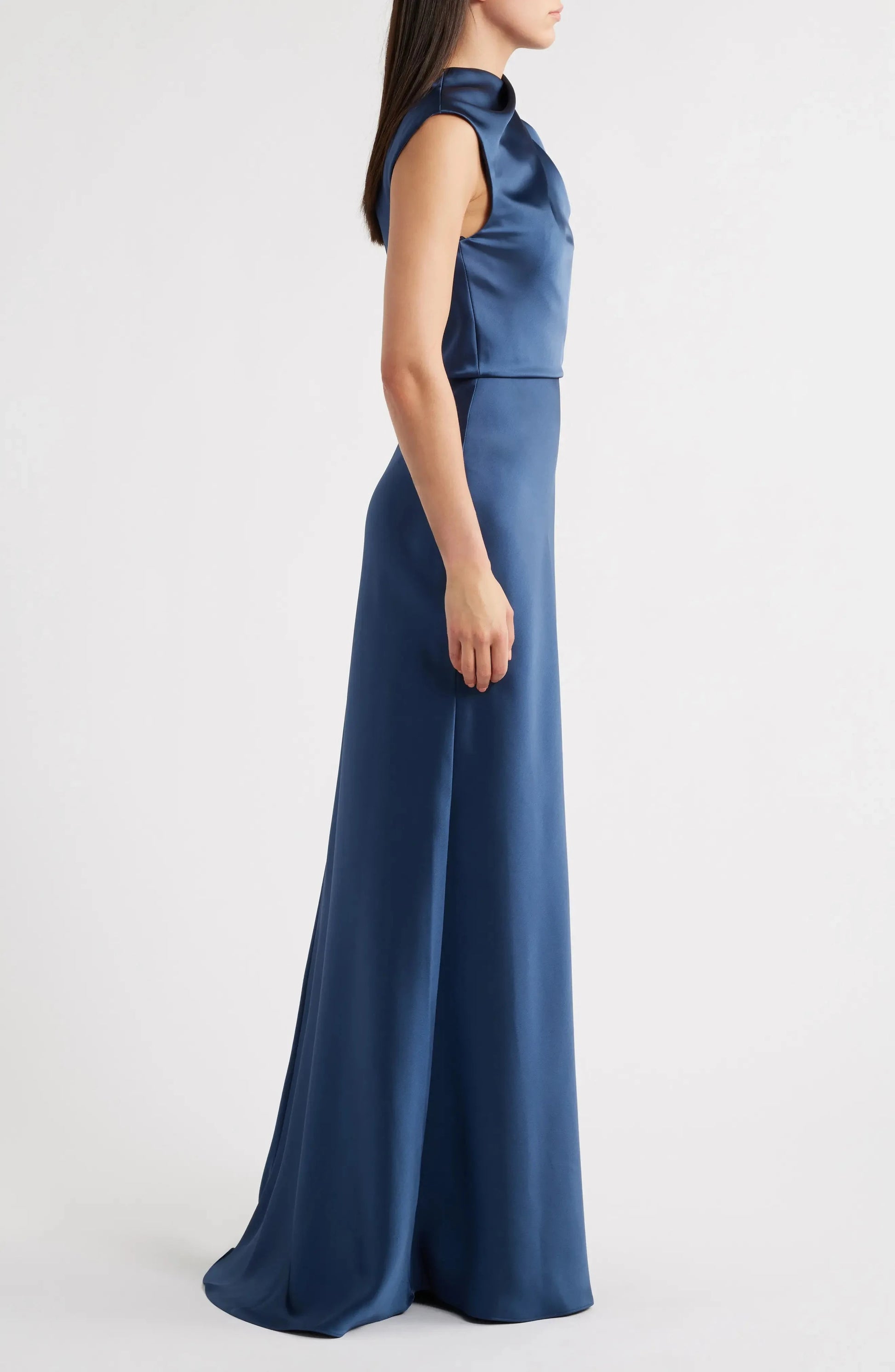 Luxe Satin Fitted Cowl Neck Sleeveless Zipper Back Floor Length Hot Sale Evening Dress by YiHuiw