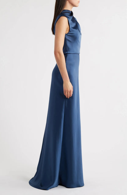 Luxe Satin Fitted Cowl Neck Sleeveless Zipper Back Floor Length Hot Sale Evening Dress by YiHuiw