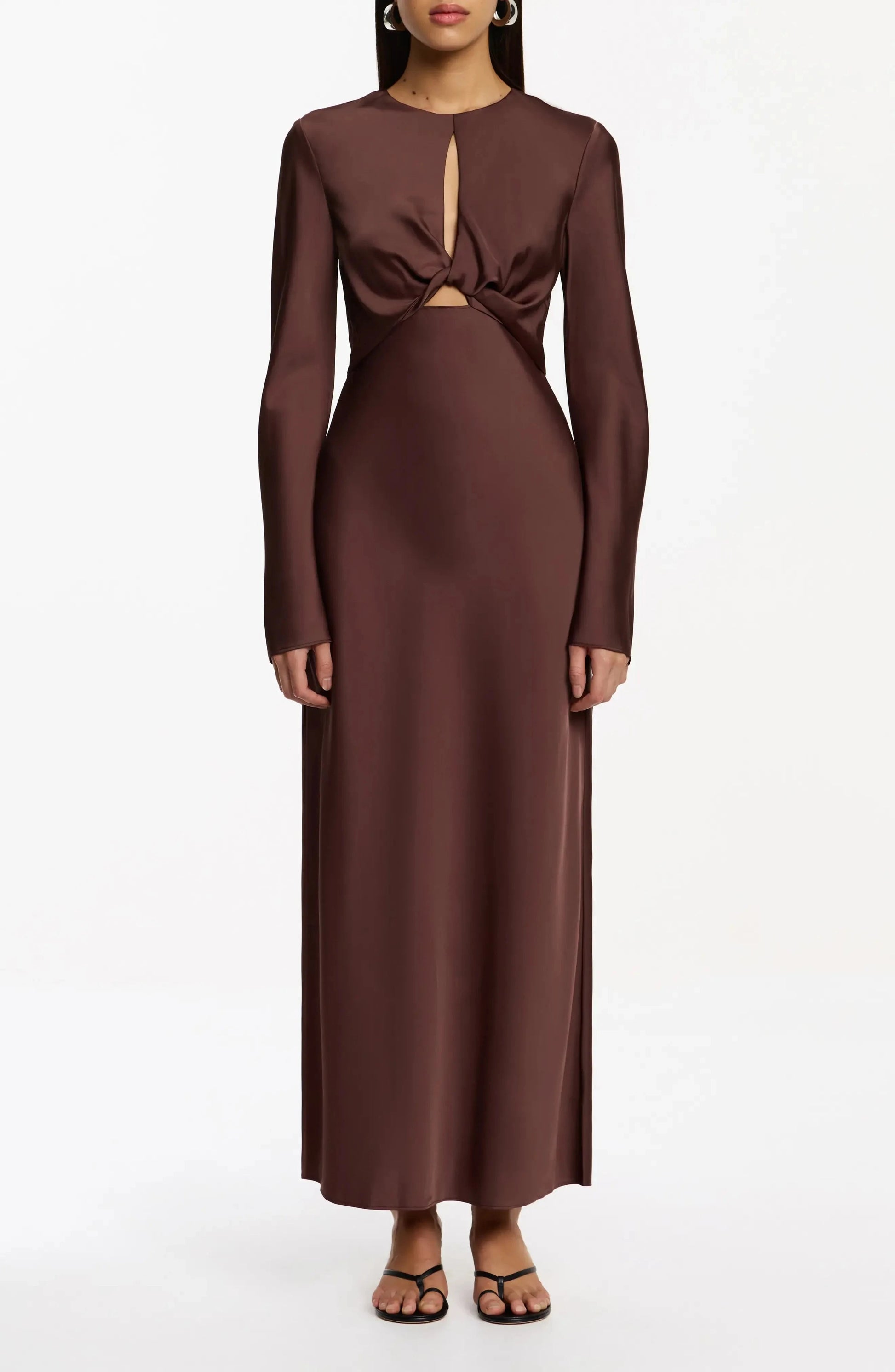 Luxe Satin Fitted Keyhole Neck Long Sleeve Zipper Back Midi Length For Adults Evening Dress by YiHuiw