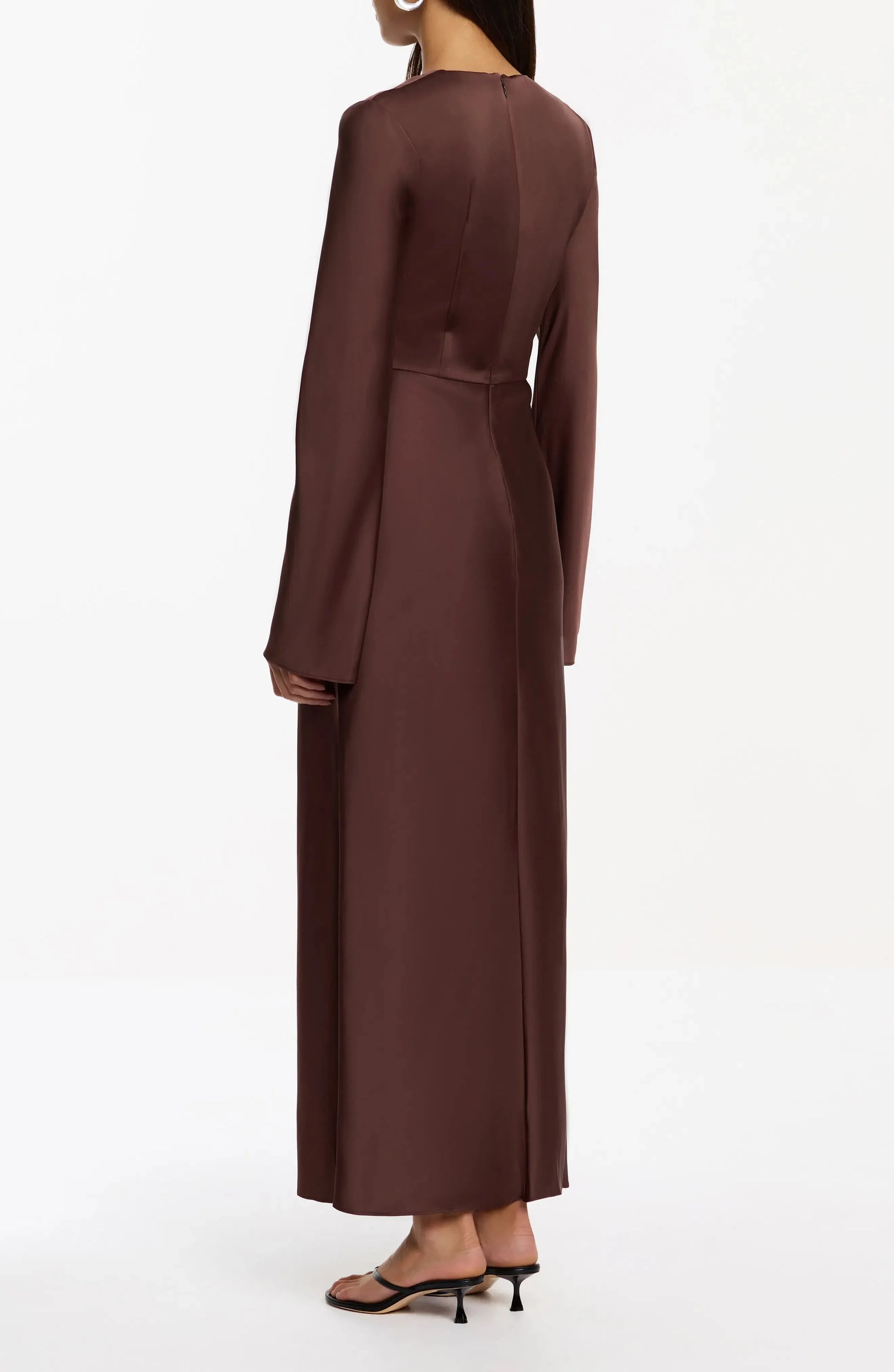 Luxe Satin Fitted Keyhole Neck Long Sleeve Zipper Back Midi Length For Adults Evening Dress by YiHuiw