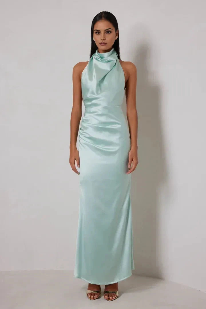 Luxe Sheath Halter Cowl Neck Sleeveless Open Back Floor Length For Women Prom Dress by YiHuiw
