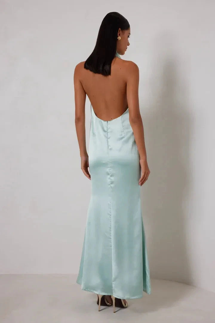 Luxe Sheath Halter Cowl Neck Sleeveless Open Back Floor Length For Women Prom Dress by YiHuiw