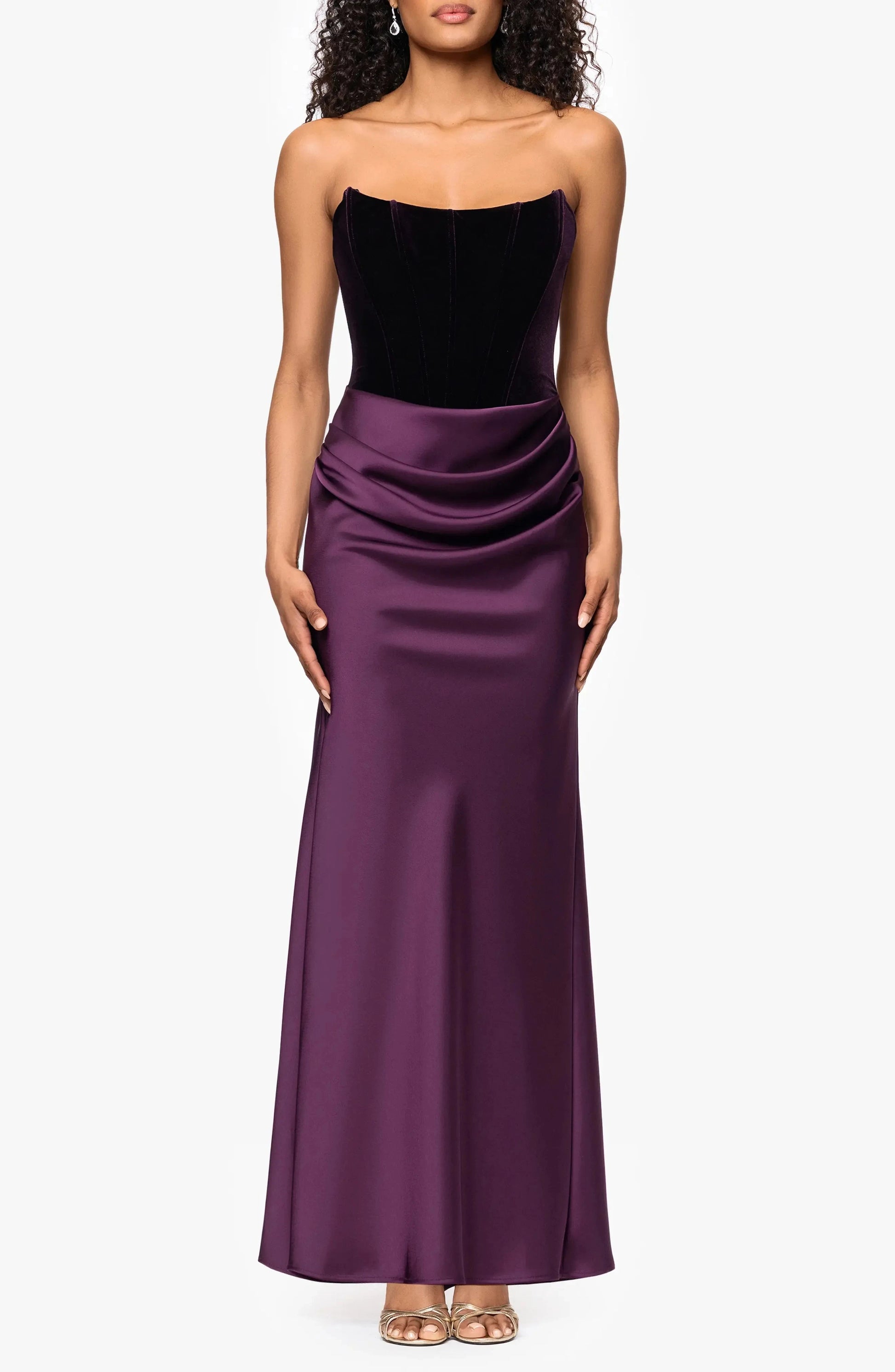 Luxe Two Tone Ruched Strapless Sleeveless Zipper Back Floor Length For Adults Evening Dress by YiHuiw