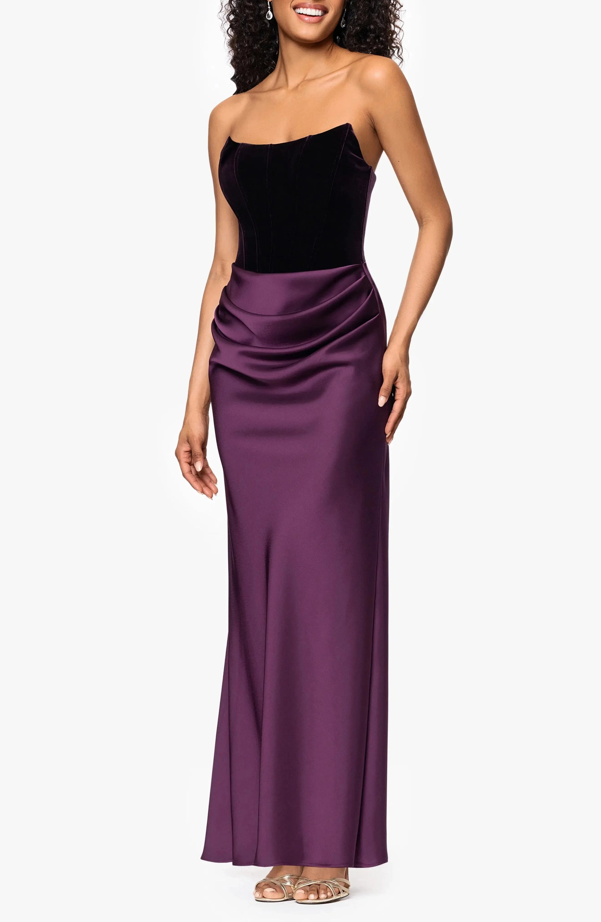 Luxe Two Tone Ruched Strapless Sleeveless Zipper Back Floor Length For Adults Evening Dress by YiHuiw