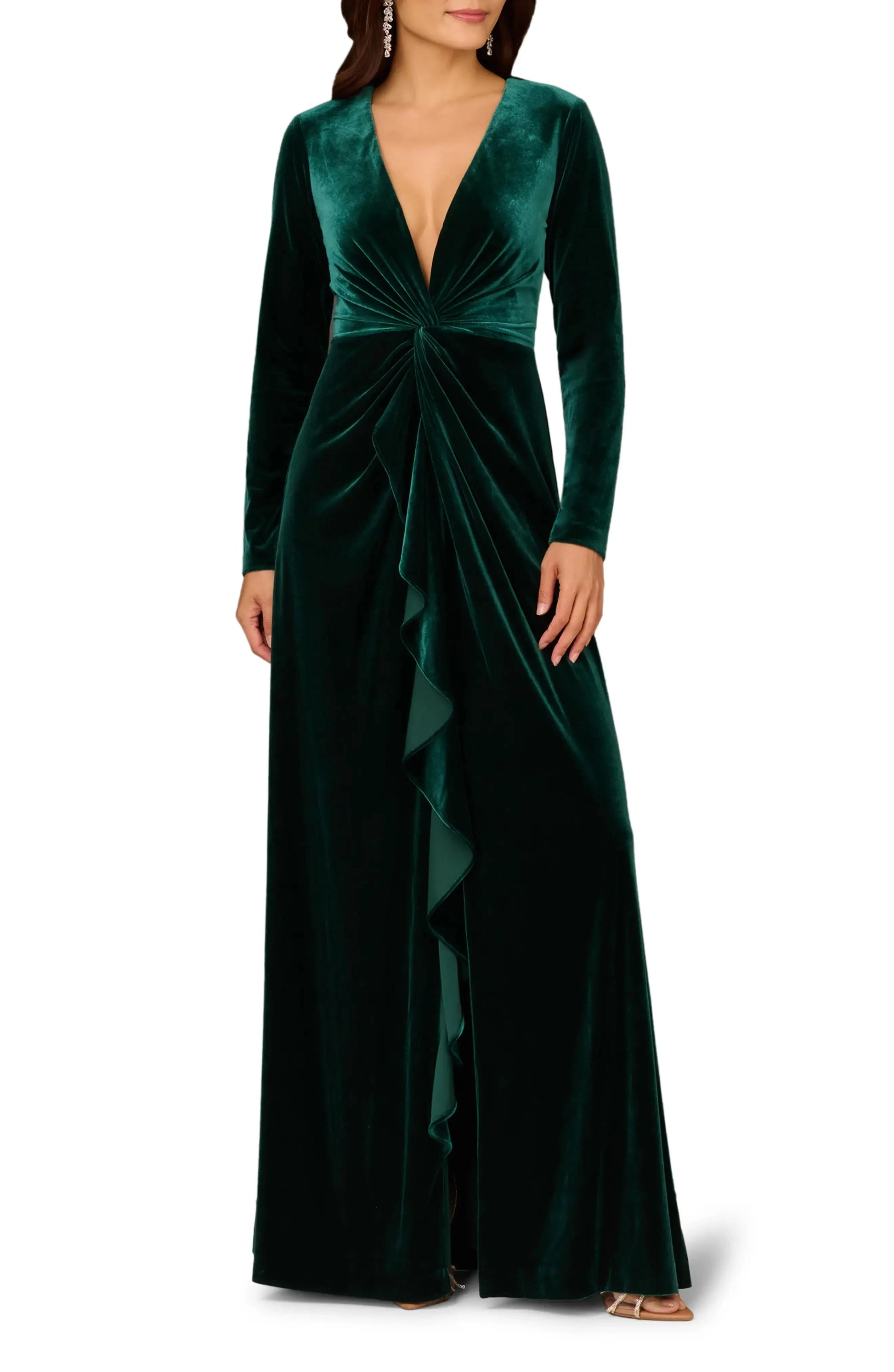 Luxe Velvet Sheath Deep V Neck Long Sleeve Zipper Back Floor Length For Adults Prom Dress by YiHuiw