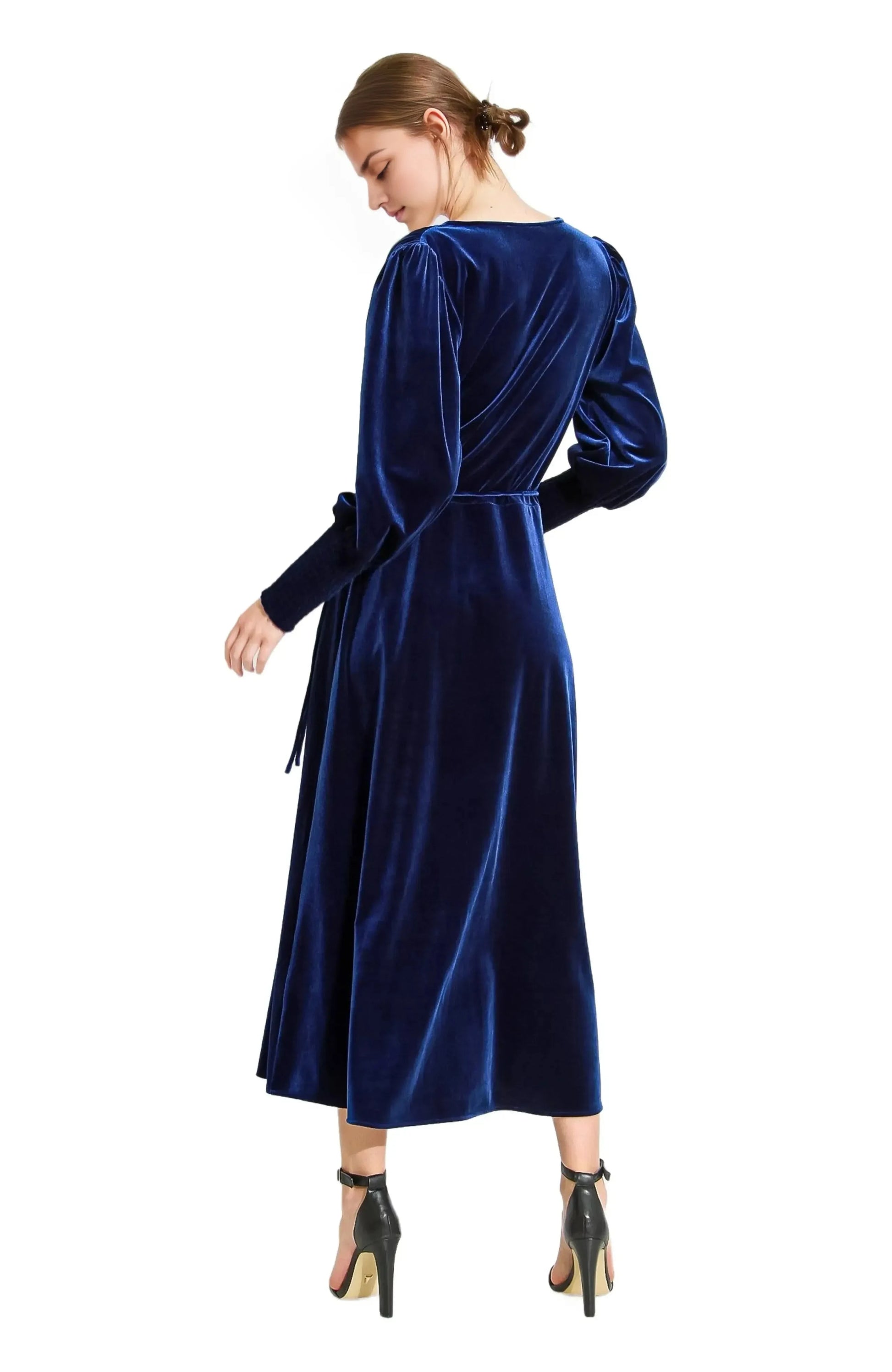 Luxe Wrap Deep V Puff-Sleeve Solid Back Midi Hot Sale Prom Dress by YiHuiw