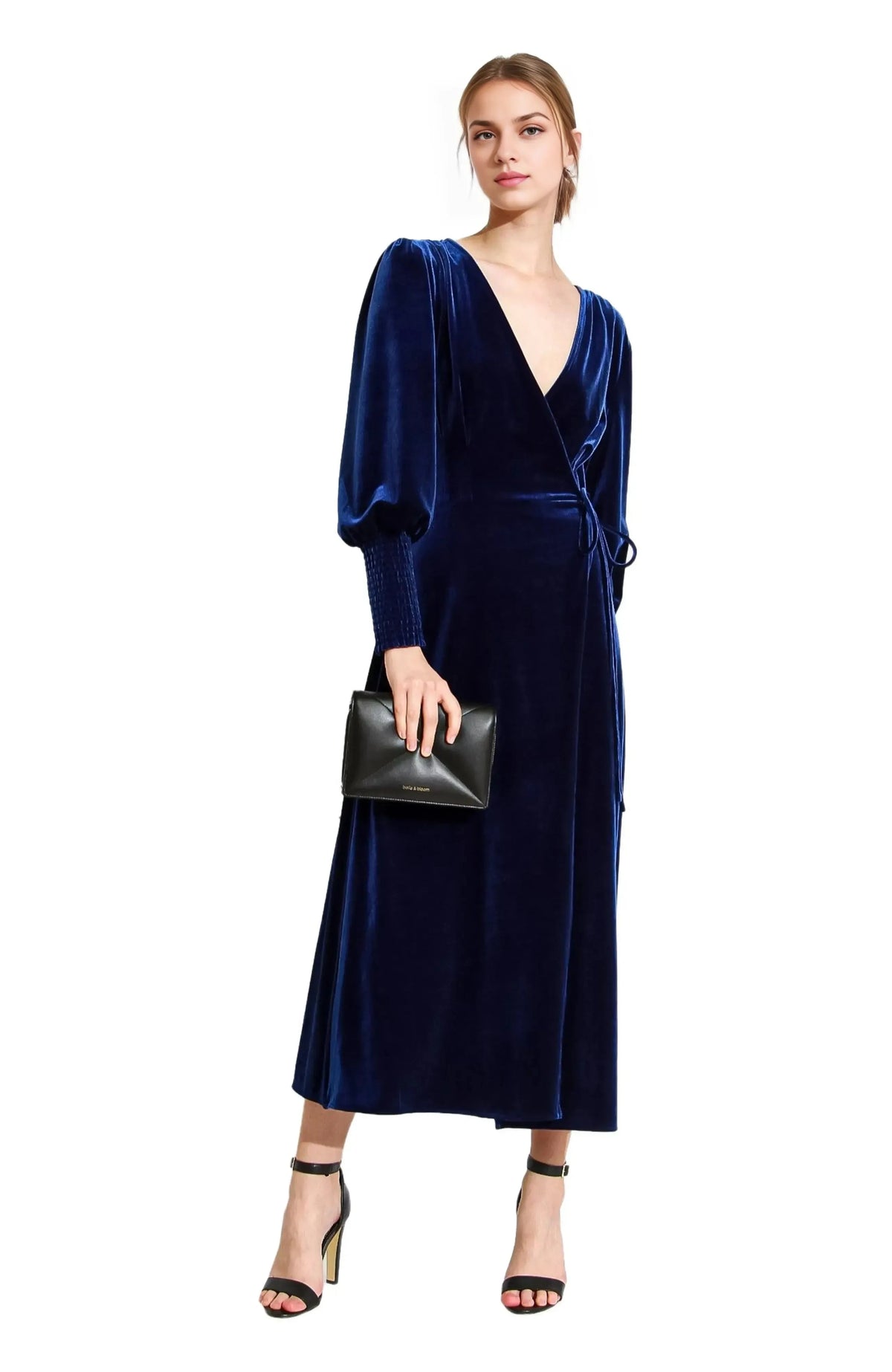 Luxe Wrap Deep V Puff-Sleeve Solid Back Midi Hot Sale Prom Dress by YiHuiw
