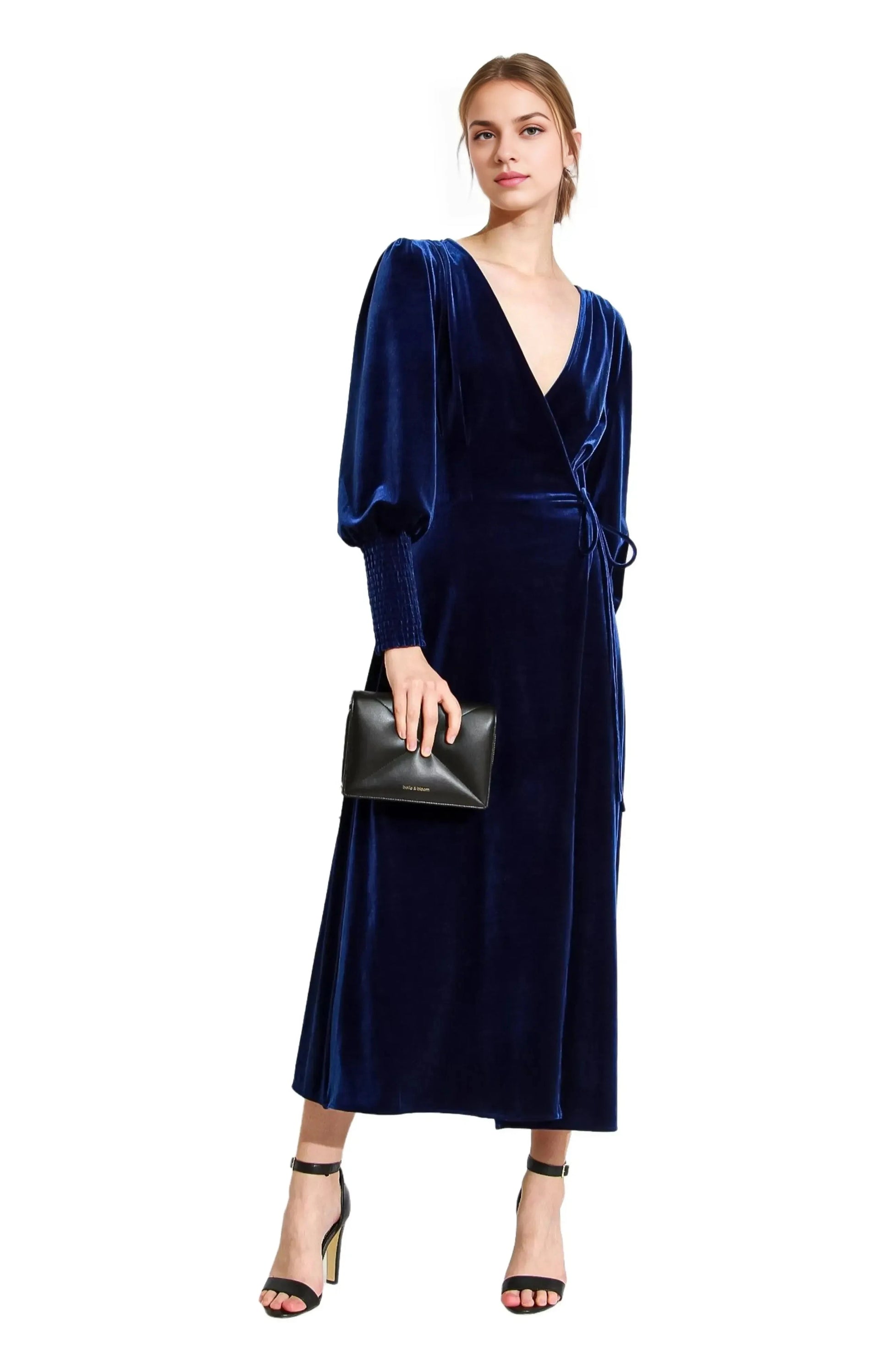 Luxe Wrap Deep V Puff-Sleeve Solid Back Midi Hot Sale Prom Dress by YiHuiw