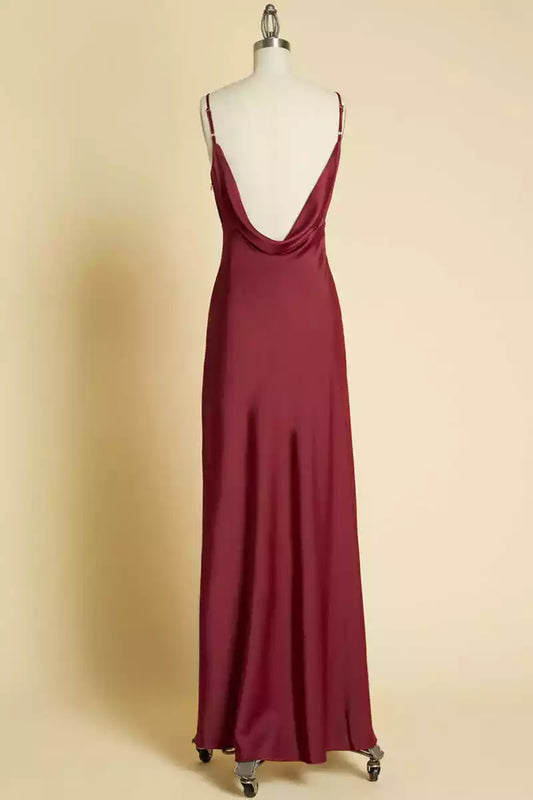 Luxe Burgundy Satin Maxi Dress with V-Neck & Cowl Back