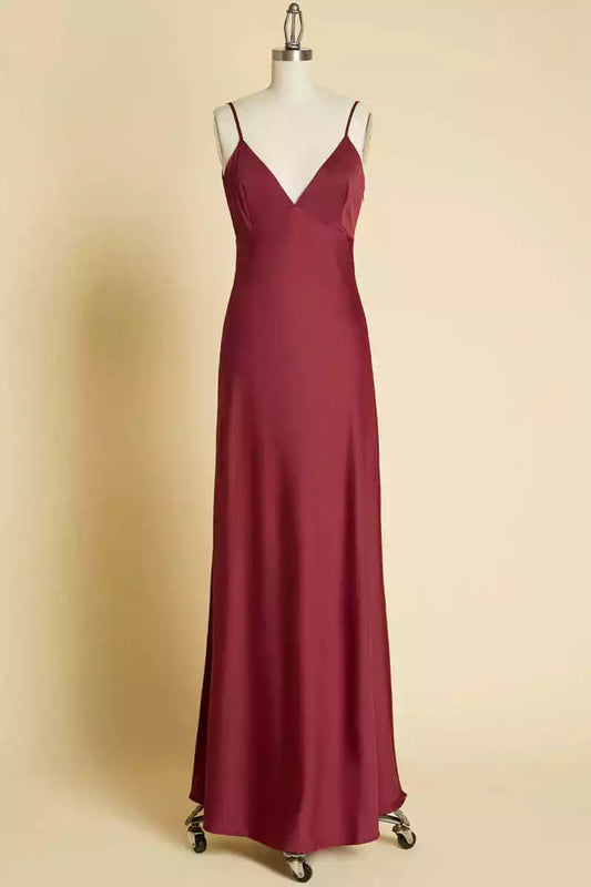Luxe Burgundy Satin Maxi Dress with V-Neck & Cowl Back