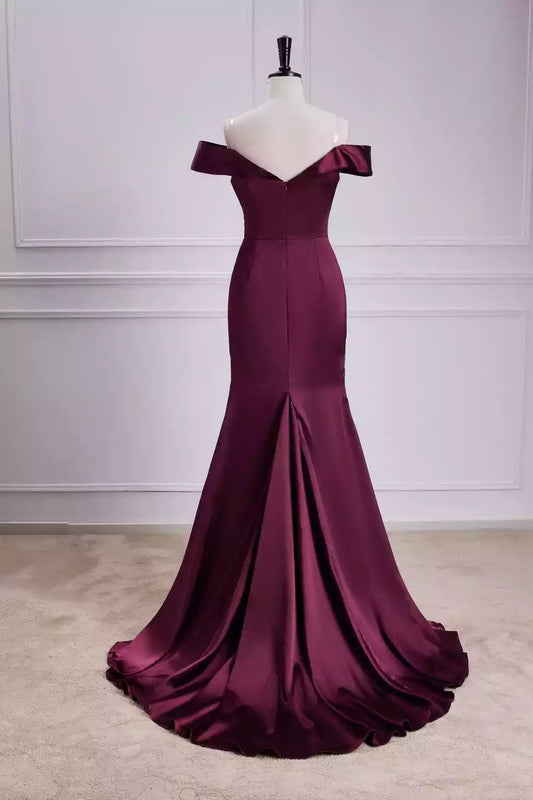 Luxe Burgundy Satin Off-the-Shoulder Mermaid Dress with Ruched Bodice