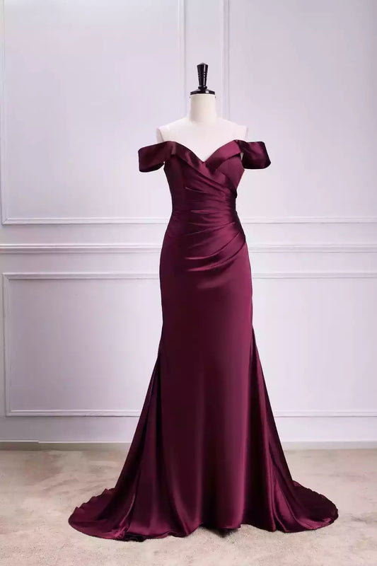 Luxe Burgundy Satin Off-the-Shoulder Mermaid Dress with Ruched Bodice