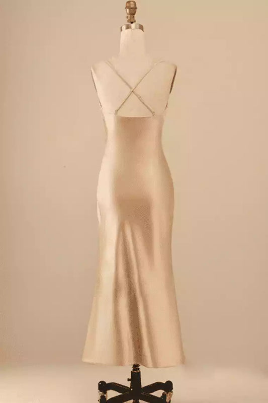 Luxe Champagne Satin Midi Dress with Cowl Neck & Crisscross Back