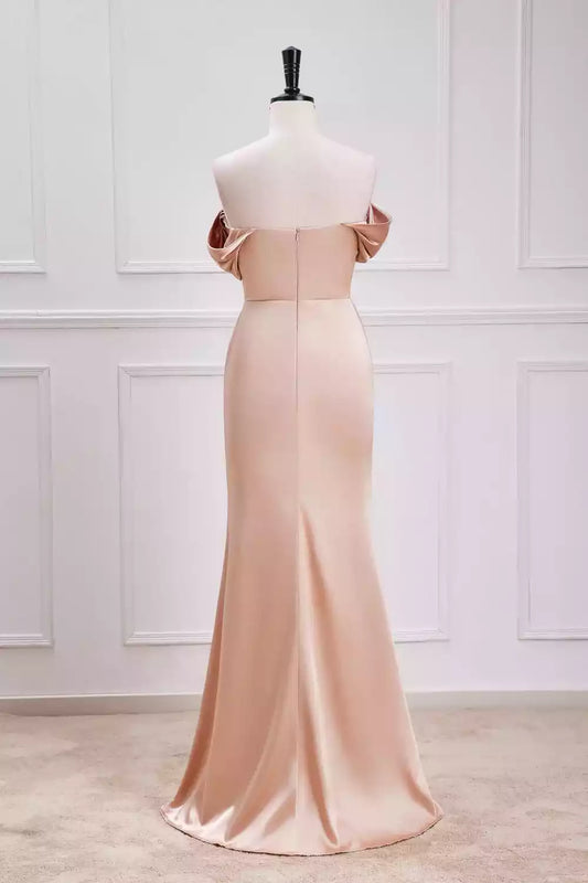 Luxe Champagne Satin Off-the-Shoulder Mermaid Dress with Bow Detail & High Slit