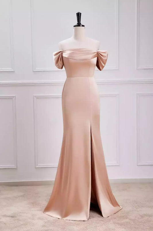 Luxe Champagne Satin Off-the-Shoulder Mermaid Dress with Bow Detail & High Slit
