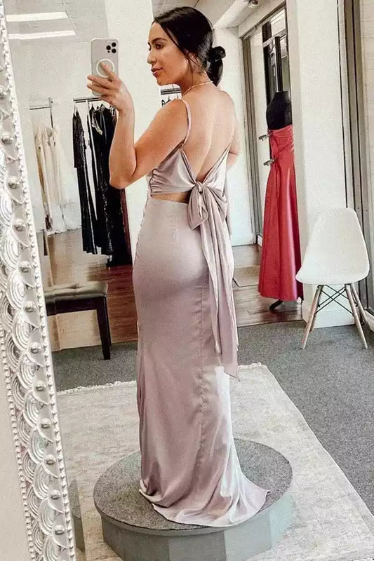 Luxe Dusty Lavender Satin Mermaid Dress with Cowl Neck & Tie-Back