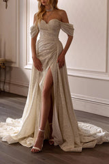 Luxe Glitter Ballgown Off-the-Shoulder Sweetheart Ruched-Bodice High-Slit Cathedral-Train Wedding Dress