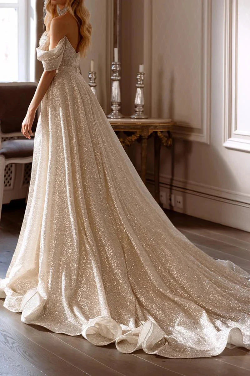 Luxe Glitter Ballgown Off-the-Shoulder Sweetheart Ruched-Bodice High-Slit Cathedral-Train Wedding Dress by YiHuiw