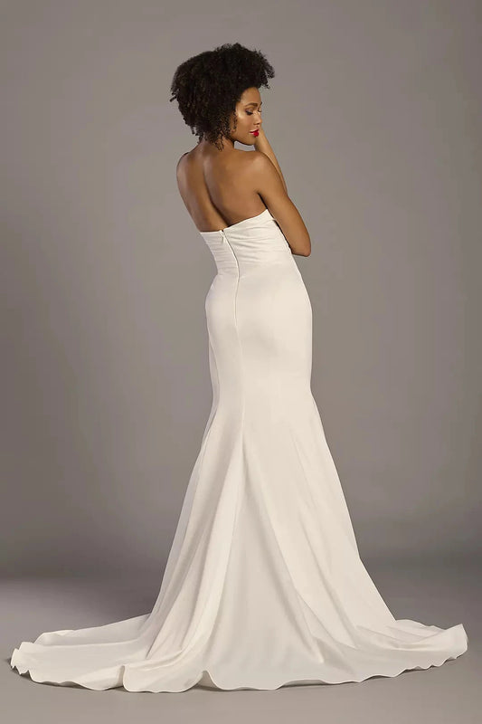 Luxe Mermaid Strapless Sweetheart Satin Ruched-Bodice Open-Back Train Wedding Dress by YiHuiw