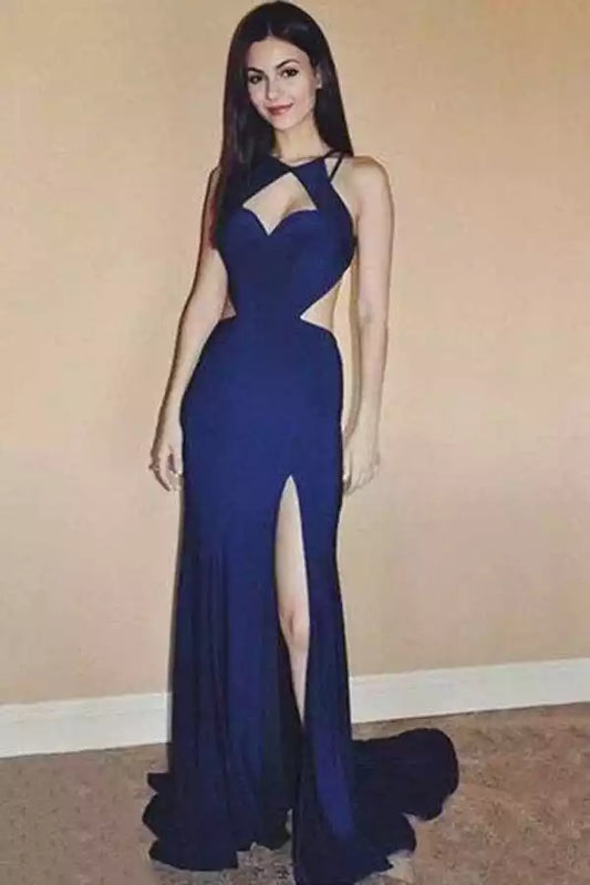 Luxe Navy Blue Stretch Satin Mermaid Dress with Halter Cutout Neck & Open Back