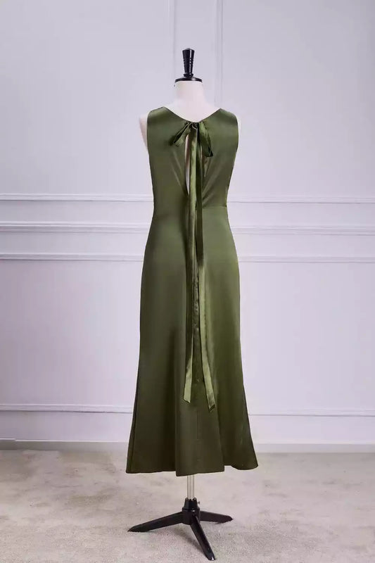 Luxe Olive Green Satin Midi Dress with Tie-Back Detail