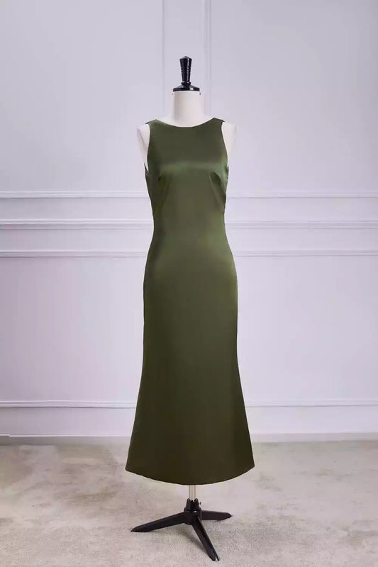 Luxe Olive Green Satin Midi Dress with Tie-Back Detail