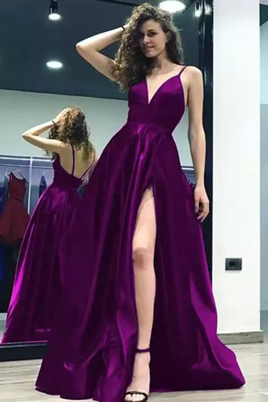 Luxe Plum Satin A-Line Dress with Plunge V-Neck & High Slit