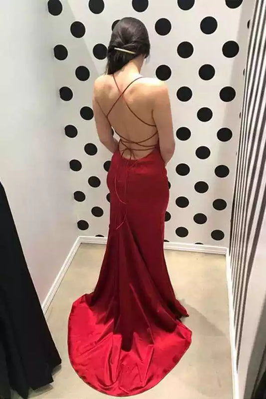 Luxe Red Satin Mermaid Dress with Strapless Neck & Lace-Up Open Back