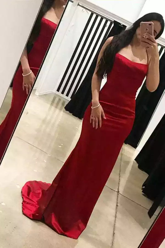 Luxe Red Satin Mermaid Dress with Strapless Neck & Lace-Up Open Back