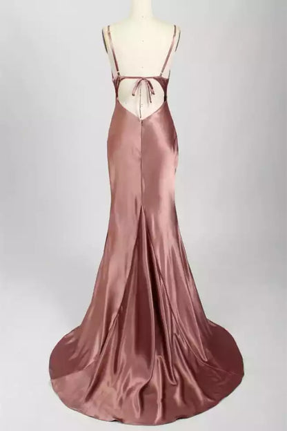 Luxe Rose Gold Satin Mermaid Dress with Cowl Neck & Open Back