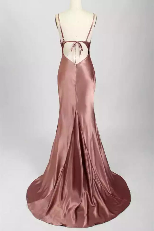 Luxe Rose Gold Satin Mermaid Dress with Cowl Neck & Open Back