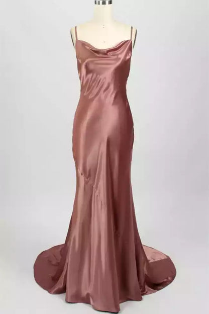 Luxe Rose Gold Satin Mermaid Dress with Cowl Neck & Open Back