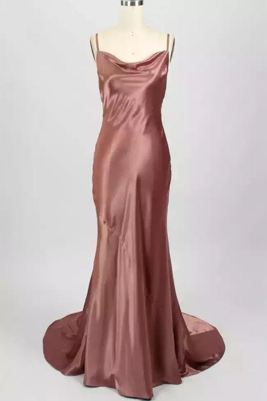 Luxe Rose Gold Satin Mermaid Dress with Cowl Neck & Open Back