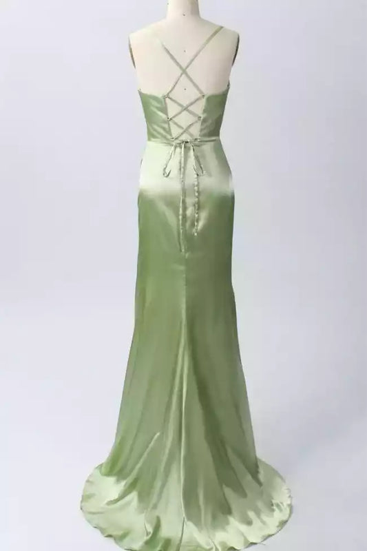 Luxe Sage Green Satin Mermaid Dress with Cowl Neck & Lace-Up Back