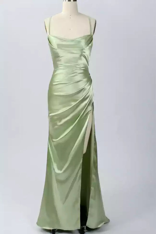 Luxe Sage Green Satin Mermaid Dress with Cowl Neck & Lace-Up Back
