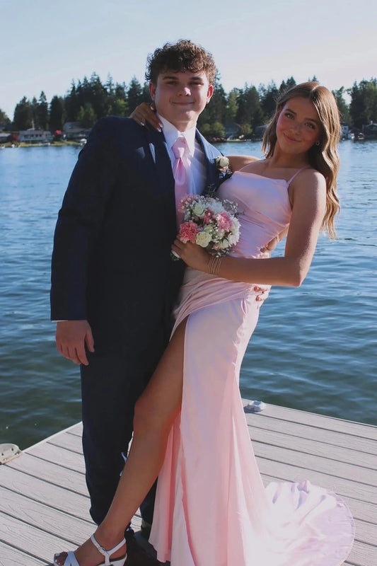 Luxe Satin Asymmetric Neck Ruched Bodice Open Back Mermaid Prom Dress with High Slit & Train by JiMiss Dresses