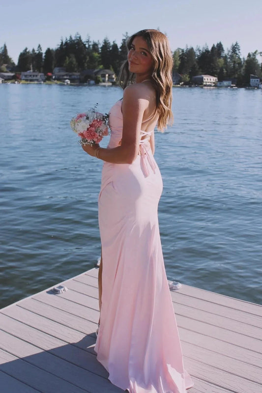 Luxe Satin Asymmetric Neck Ruched Bodice Open Back Mermaid Prom Dress with High Slit & Train by JiMiss Dresses