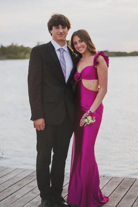 Luxe Satin Ruffle Strap Sweetheart Neck Cutout Open Back Floor-Length Prom Dress by JiMiss Dresses
