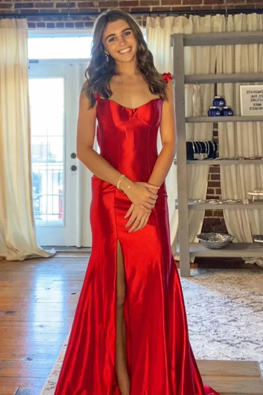 Luxe Satin Ruffle Strap Sweetheart Neck Open Back High Slit Floor-Length Prom Dress by JiMiss Dresses