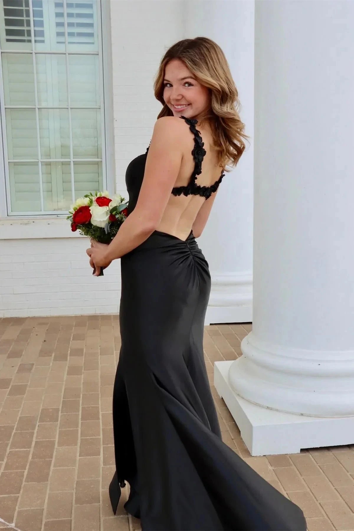 Luxe Satin Ruffle Strap Sweetheart Neck Open Back High Slit Floor-Length Prom Dress by JiMiss Dresses