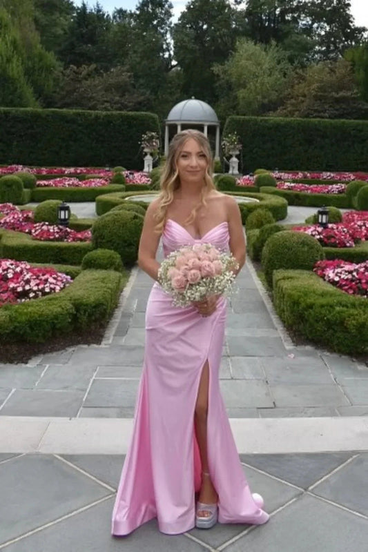 Luxe Satin Strapless Sweetheart Corset Bodice Mermaid Prom Dress with High Slit & Train by JiMiss Dresses