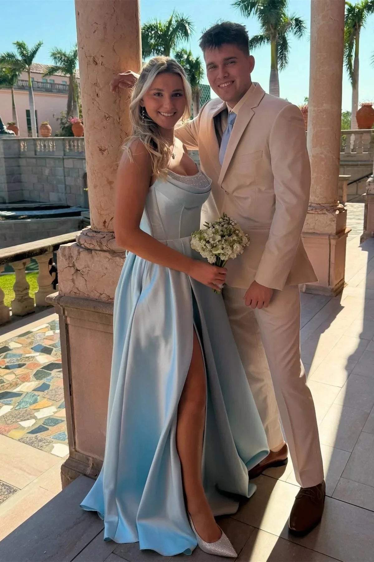 Luxe Satin Strapless Sweetheart Neck Lace-Up Back High Slit Floor-Length Prom Dress by JiMiss Dresses