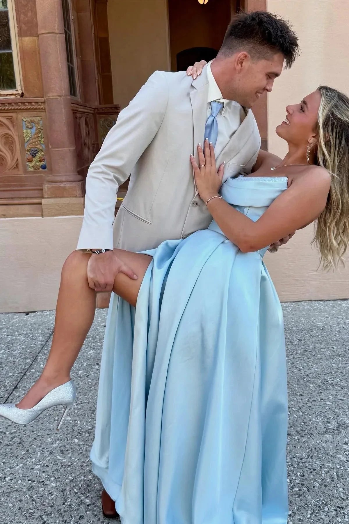 Luxe Satin Strapless Sweetheart Neck Lace-Up Back High Slit Floor-Length Prom Dress by JiMiss Dresses