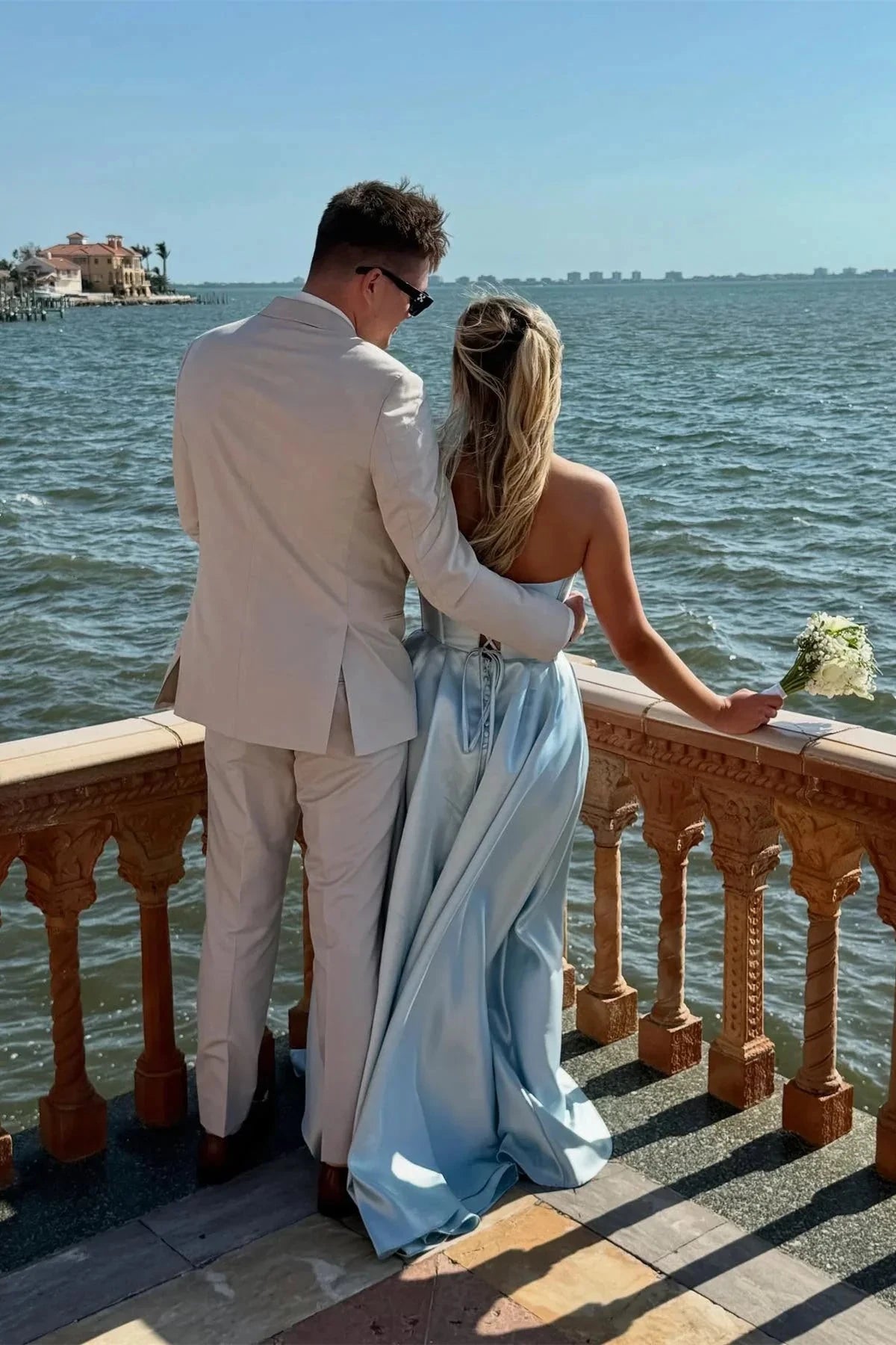 Luxe Satin Strapless Sweetheart Neck Lace-Up Back High Slit Floor-Length Prom Dress by JiMiss Dresses