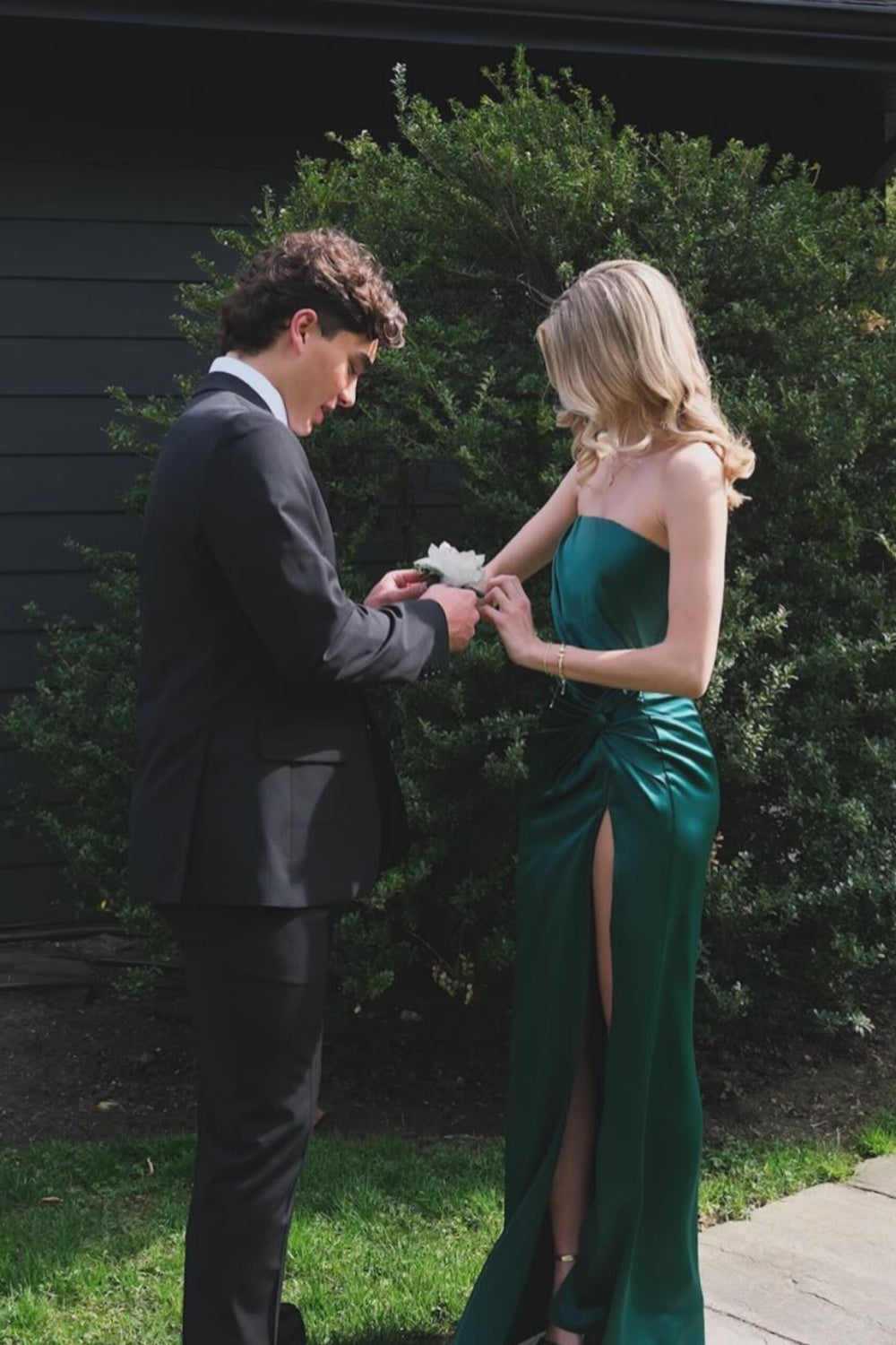 Luxe Satin Strapless Sweetheart Neck Ruched Bodice High Slit Floor-Length Prom Dress by JiMiss Dresses