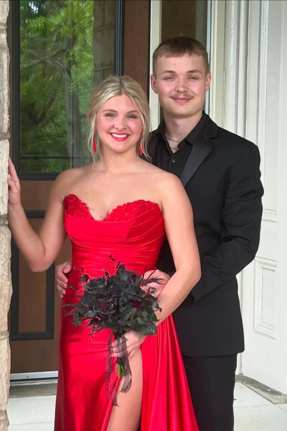 Luxe Satin Strapless Sweetheart Neck Ruched Bodice High Slit Train Prom Dress by JiMiss Dresses