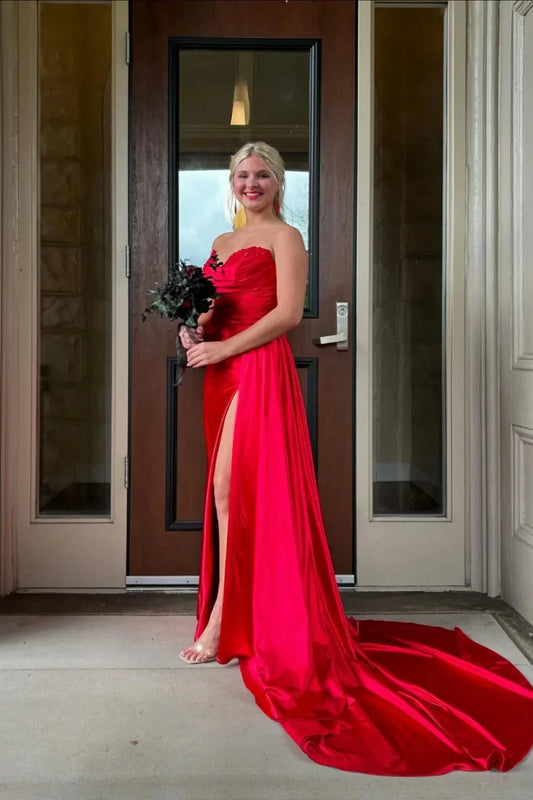 Luxe Satin Strapless Sweetheart Neck Ruched Bodice High Slit Train Prom Dress by JiMiss Dresses