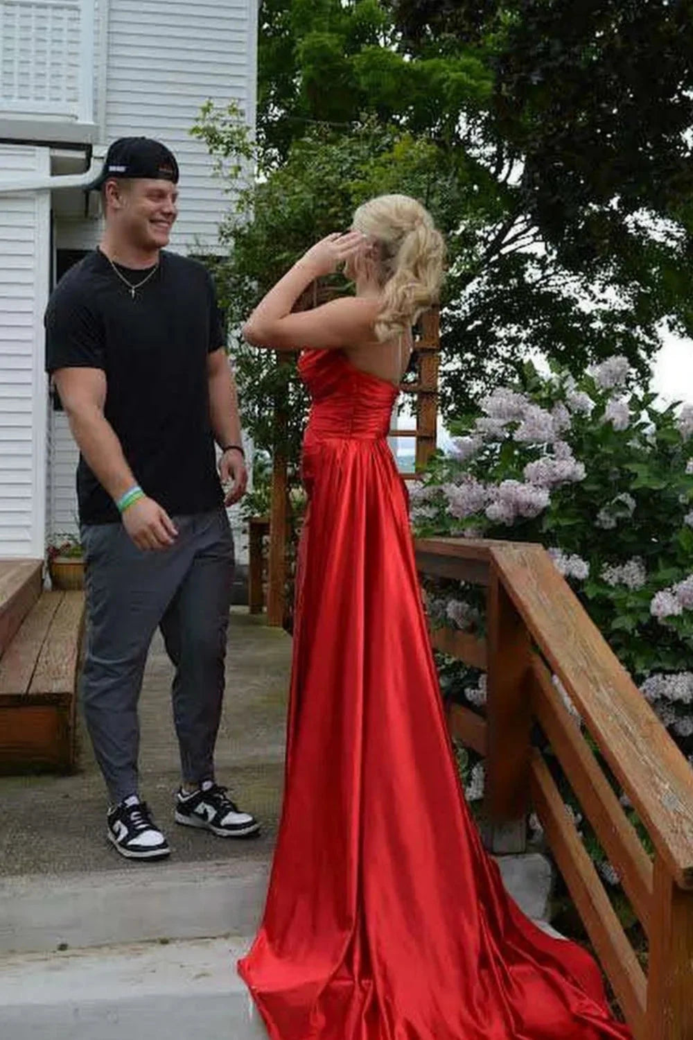 Luxe Satin Strapless Sweetheart Neck Ruched Bodice High Slit Train Prom Dress by JiMiss Dresses