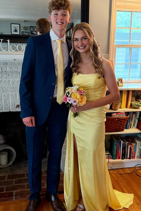 Luxe Satin Strapless Sweetheart Ruched Bodice Mermaid Prom Dress with High Slit & Train by JiMiss Dresses