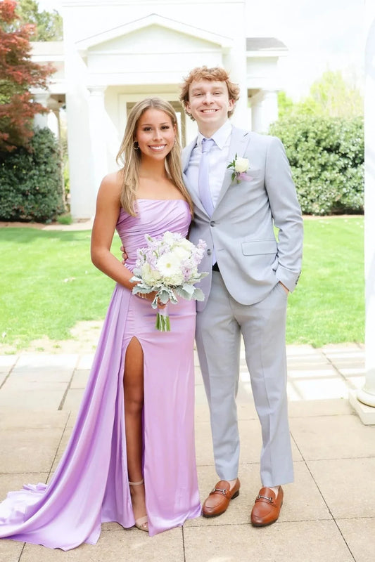 Luxe Satin Strapless Sweetheart Ruched Bodice Mermaid Prom Dress with High Slit & Train by JiMiss Dresses